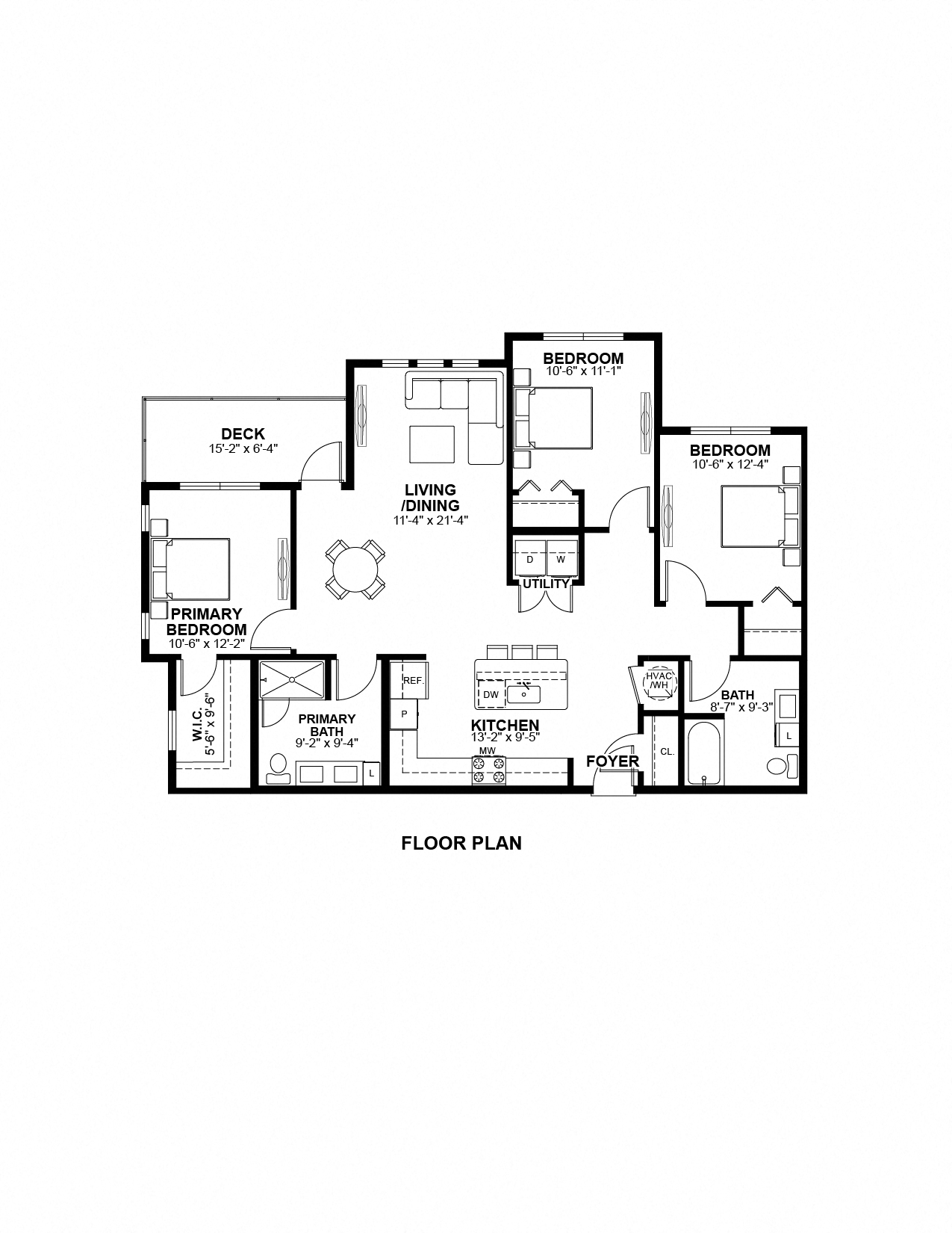 Floor plan for 3 beds, 2 baths, 1327 sqft